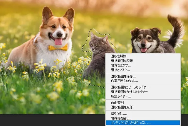 【Photoshop】画像の一部の不要な部分を除去する方法(コンテンツに応じた塗りつぶし) 右クリックから選択